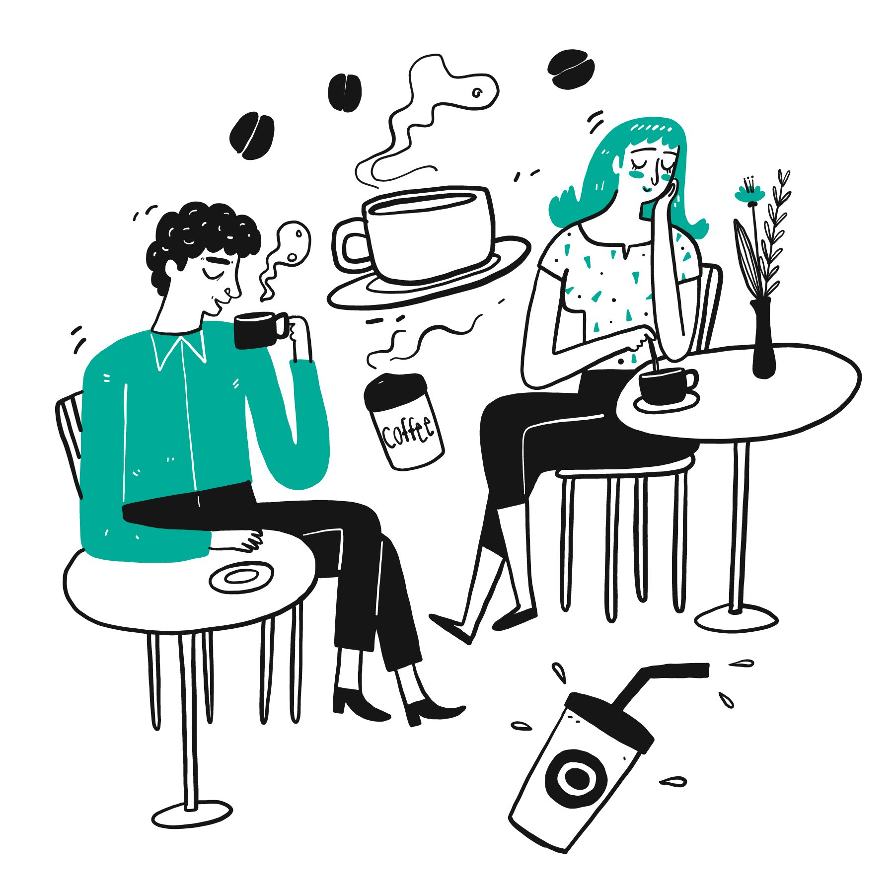 Illustration of people drinking coffee to promote the community café at Petaurai Centre in Brough, East Yorkshire